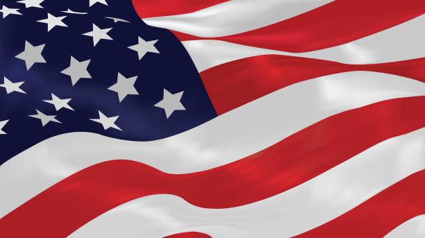 Illustration of flying American flag, memorial day or constitution day of United States. Closeup of waving flag, National flag of USA. Vector of independence day of US, flowing flag of America